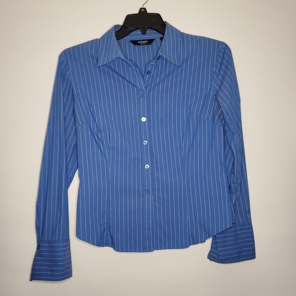 EXPRESS Blue and White PINSTRIPE BUTTON DOWN BLOUSE Women Size 9/10